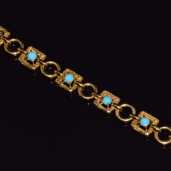 VINTAGE MID-CENTURY SOLID 18K GOLD & NATURAL PERSIAN TURQUOISE BRACELET - Picture 4 of 13